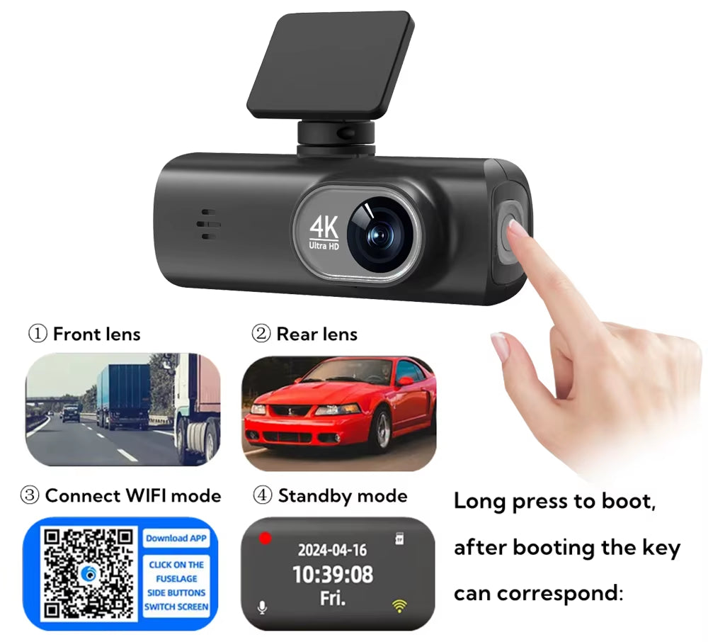 UHD 4K Cámara para autos UHD 4K Wi-Fi de doble lente, grabadora de manejo DVR para auto, cámara trasera opcional 1080P, GPS, monitoreo de estacionamiento 24 horas, caja negra.Wifi Dash Cam Dual Lens Driving Recorder Car DVR Optional 1080P Rear Lens Camera GPS 24H Parking Monitoring Black Box