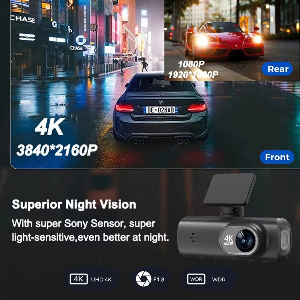 UHD 4K Cámara para autos UHD 4K Wi-Fi de doble lente, grabadora de manejo DVR para auto, cámara trasera opcional 1080P, GPS, monitoreo de estacionamiento 24 horas, caja negra.Wifi Dash Cam Dual Lens Driving Recorder Car DVR Optional 1080P Rear Lens Camera GPS 24H Parking Monitoring Black Box