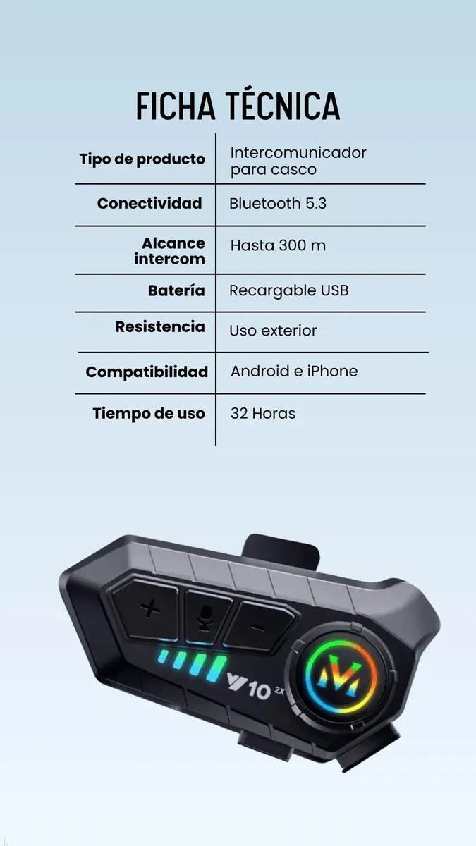Auriculares Bluetooth 5.3 Y10 para Casco de Motocicleta con Iluminación LED, Audífonos Inalámbricos Manos Libres e Impermeables