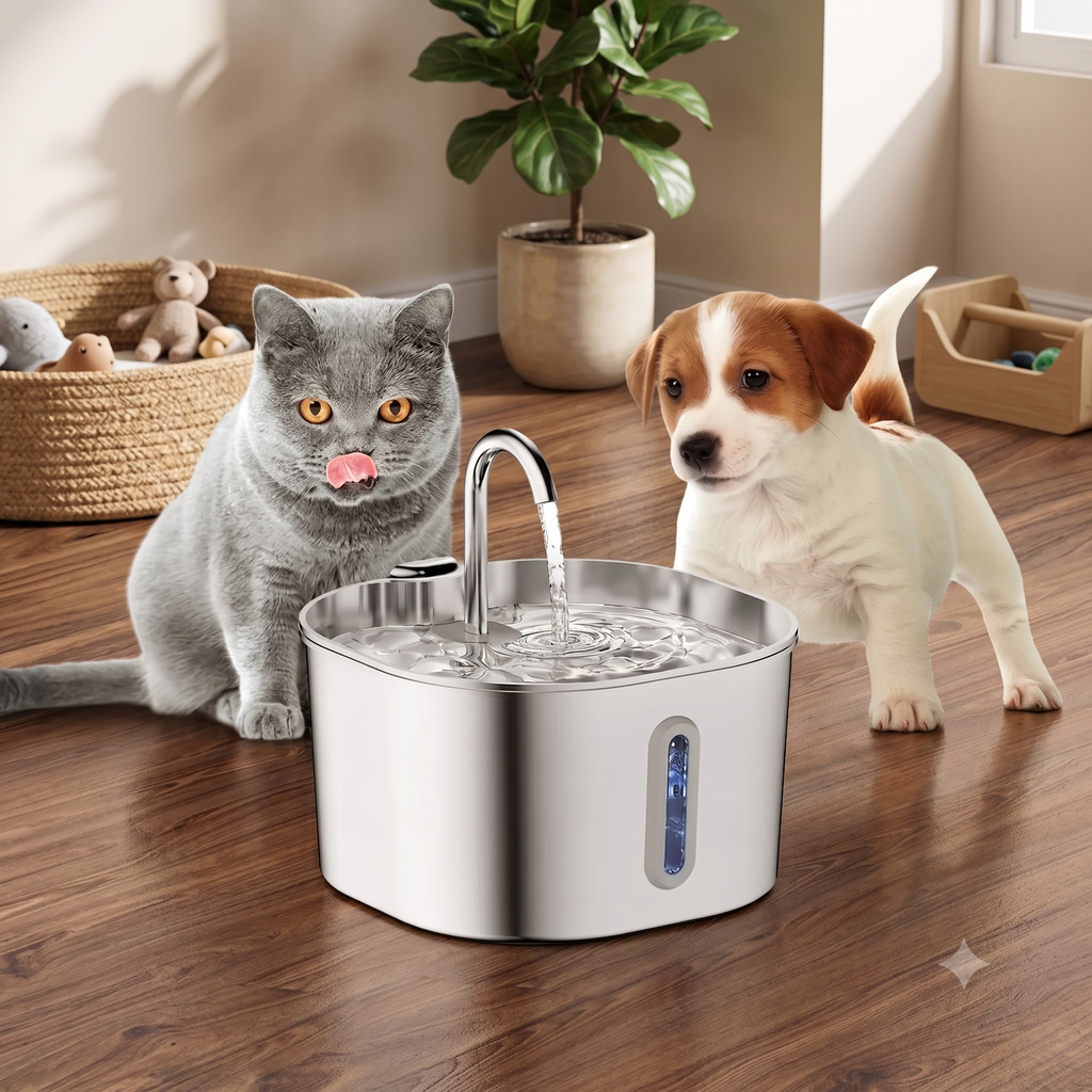Fuente de Agua para Gatos y Perros en Acero Inoxidable 2.2L | Bebedero Cuadrado Automático con Ventana Visora