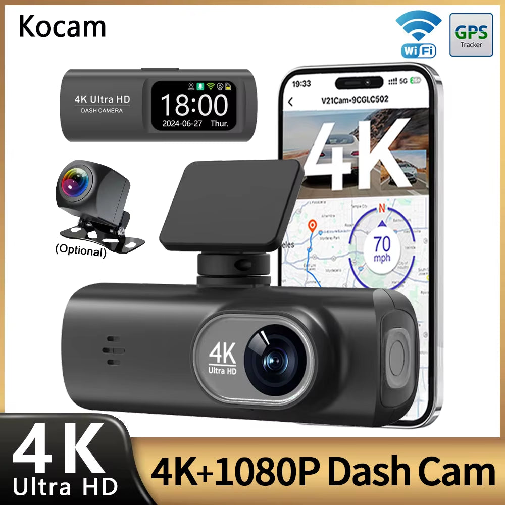 UHD 4K Cámara para autos UHD 4K Wi-Fi de doble lente, grabadora de manejo DVR para auto, cámara trasera opcional 1080P, GPS, monitoreo de estacionamiento 24 horas, caja negra.Wifi Dash Cam Dual Lens Driving Recorder Car DVR Optional 1080P Rear Lens Camera GPS 24H Parking Monitoring Black Box